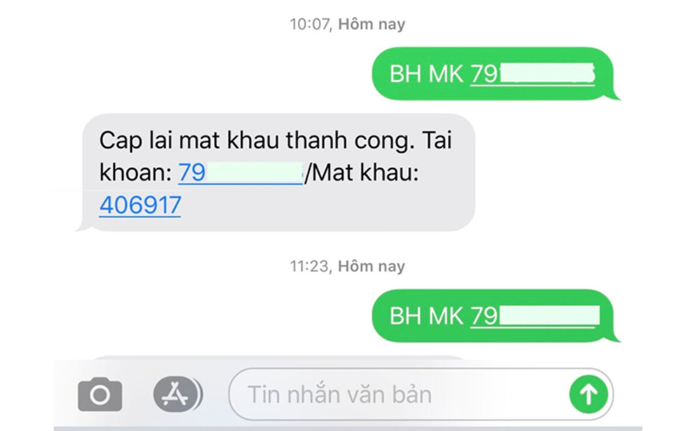 Soạn tin nhắn theo cú pháp hỗ trợ khi quên mật khẩu VssID