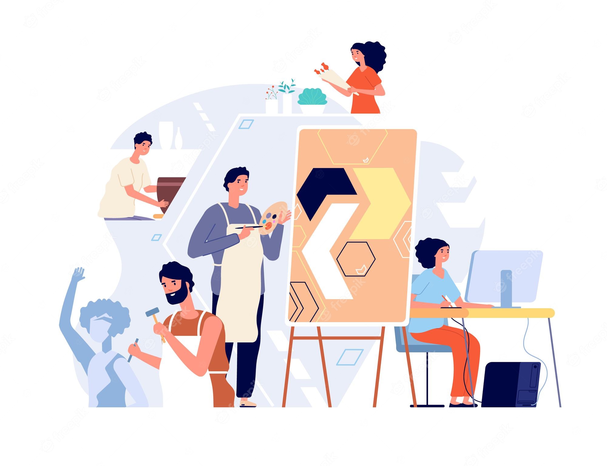 Premium Vector | Sculptors and artists. creative art people creating artwork and drawing. modern adult workshop, man woman in painting studio concept. sculptor art, man artist, painter workshop illustration