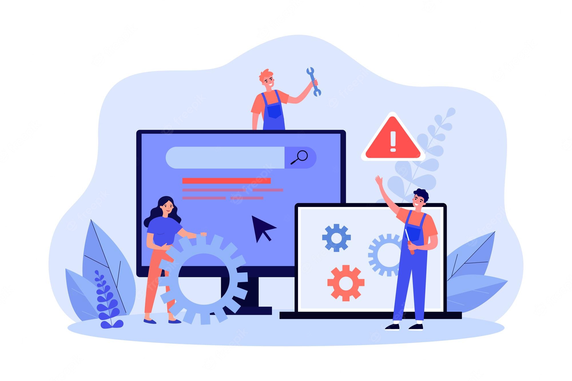 Premium Vector | Administrators fixing computer problems. tiny male worker of repair service with wrench flat vector illustration. maintenance, tech support of pc concept for banner, website design or landing web page