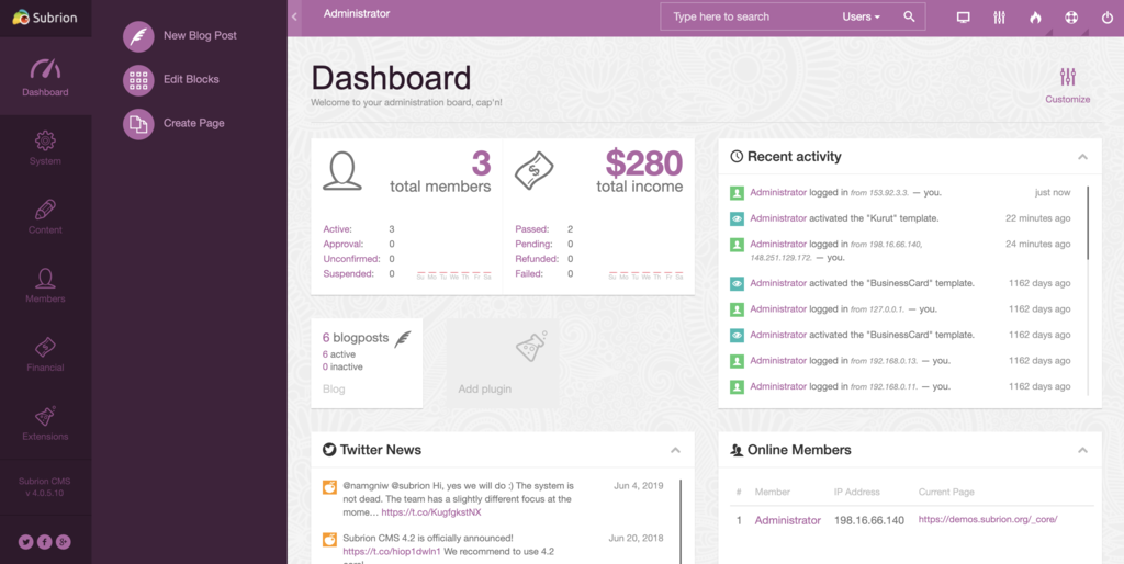 dashboard demo cua subrion